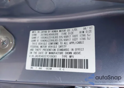 2007 Honda Cr-V Lx из США, поврежденный, VIN JHLRE48327C109361